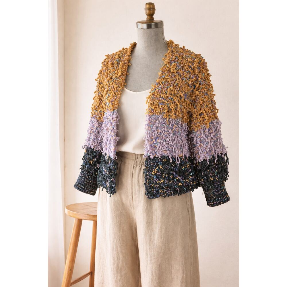 Kori America Shaggy Colorblock Cardigan XL 1XL Mustard Lilac Teal Open Front